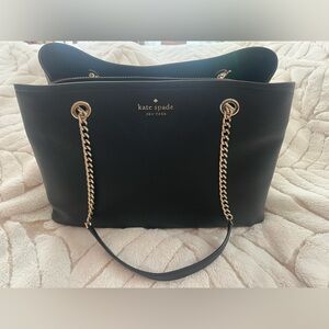 Kate Spade New York Black Pebbled Leather Jordyn Tote with Gold Chain